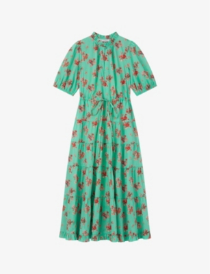 Shop Lk Bennett Women's Mul-green Hedy Floral-print Puff-sleeve Cotton Midi Dress