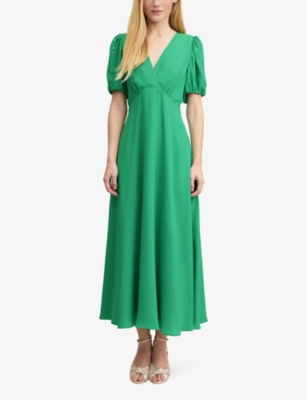 Lk Bennett Hermia V-neck Puff-sleeve Woven Midi Dress In Gre-green
