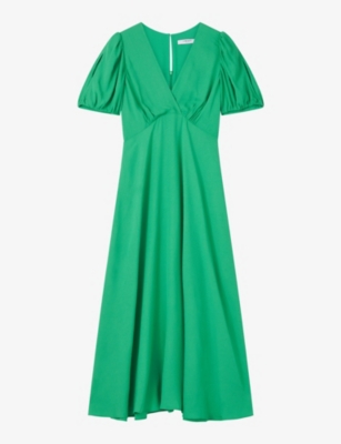 Shop Lk Bennett Women's Gre-green Hermia V-neck Puff-sleeve Woven Midi Dress