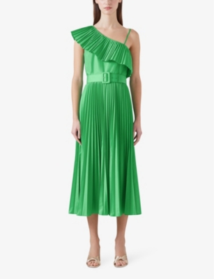 Shop Lk Bennett Josephine One-shoulder Pleated Woven Midi Dress In Gre-green