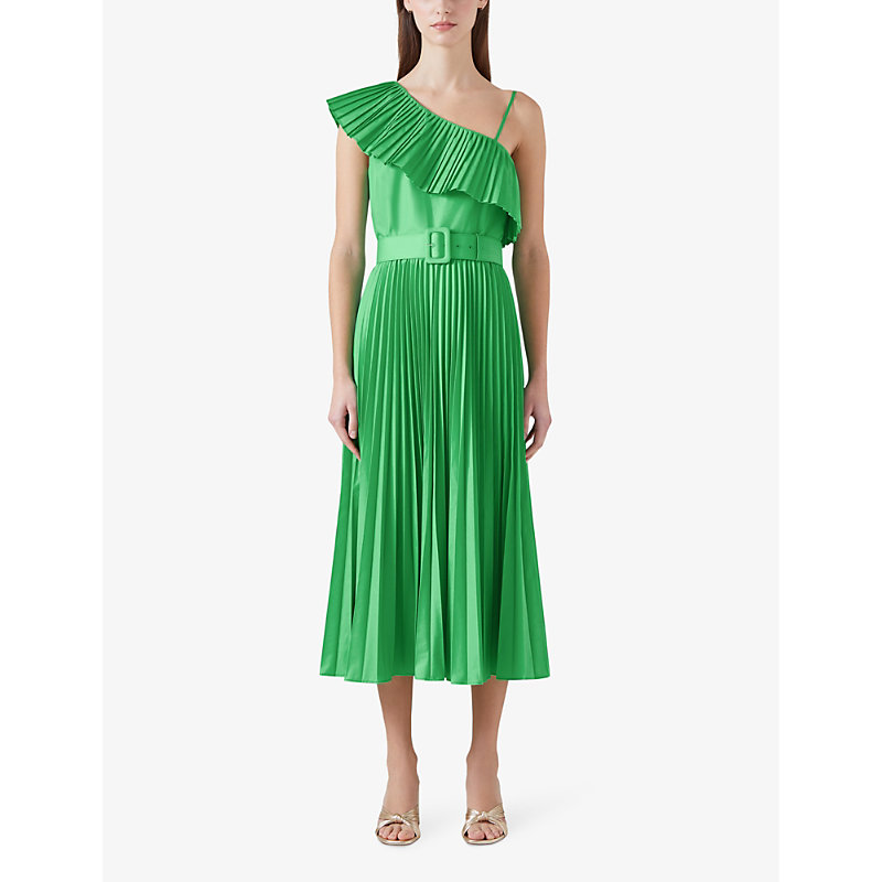 Shop Lk Bennett Josephine One-shoulder Pleated Woven Midi Dress In Gre-green