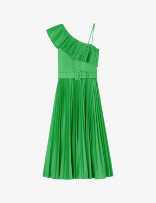 Shop Lk Bennett Josephine One-shoulder Pleated Woven Midi Dress In Gre-green