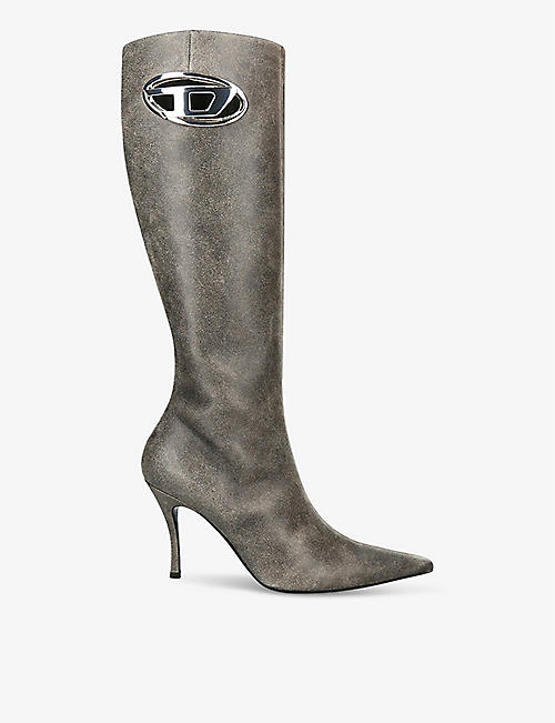 DIESEL: D-Venus logo-plaque leather heeled knee-high boots