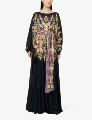 Shop Etro Women's Print On Black Base Floral-pattern Dropped-waist Woven Maxi Dress