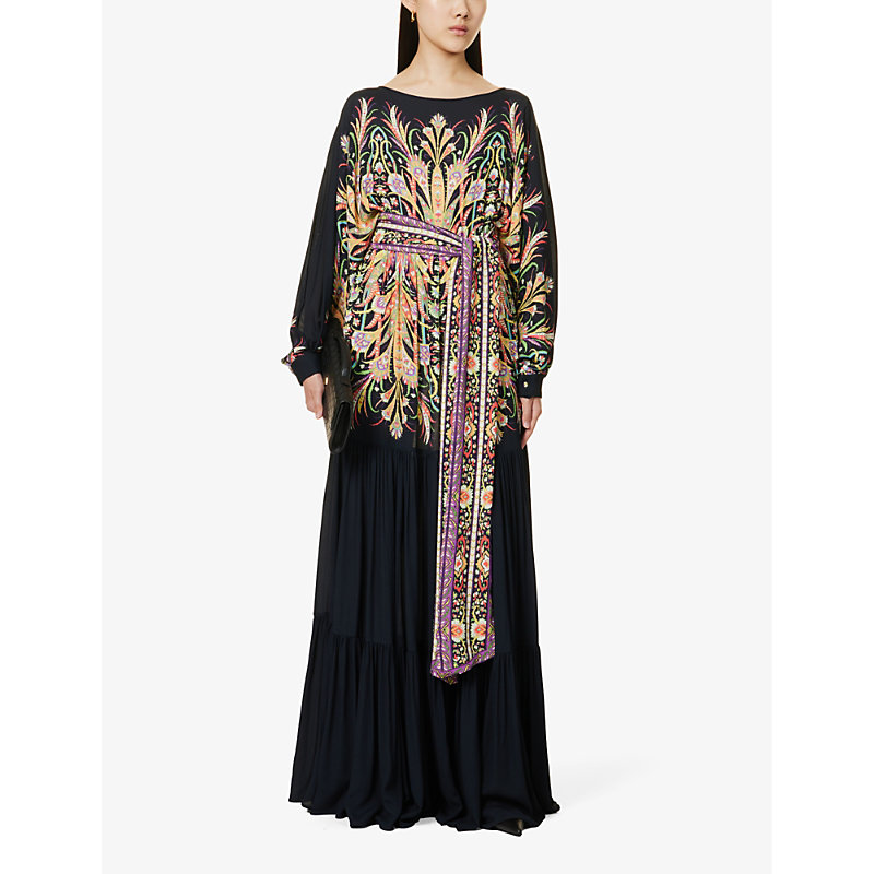 Shop Etro Floral-pattern Dropped-waist Woven Maxi Dress In Print On Black Base