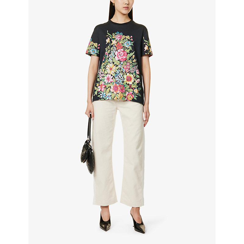 Shop Etro Womens Print On Black Base Floral-pattern Short-sleeve Cotton-jersey T-shirt