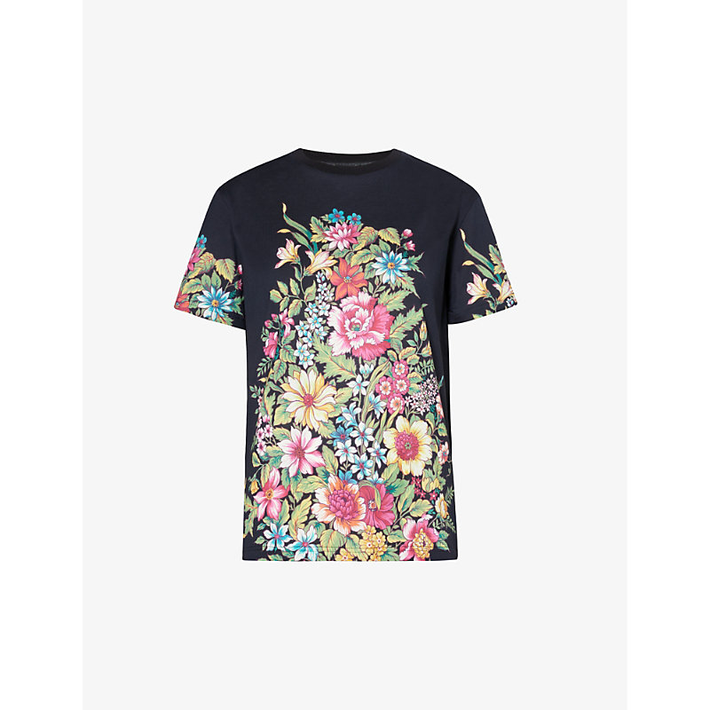 Shop Etro Womens Print On Black Base Floral-pattern Short-sleeve Cotton-jersey T-shirt
