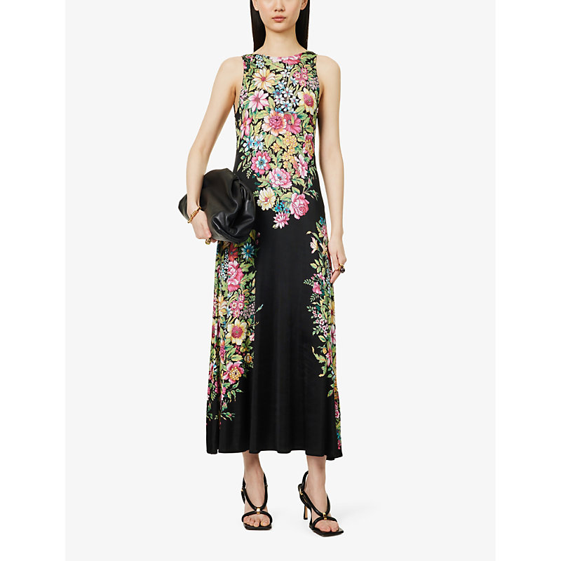 Shop Etro Women's Print On Black Base Floral-print Open-back Slim-fit Stretch-mesh Maxi Dress