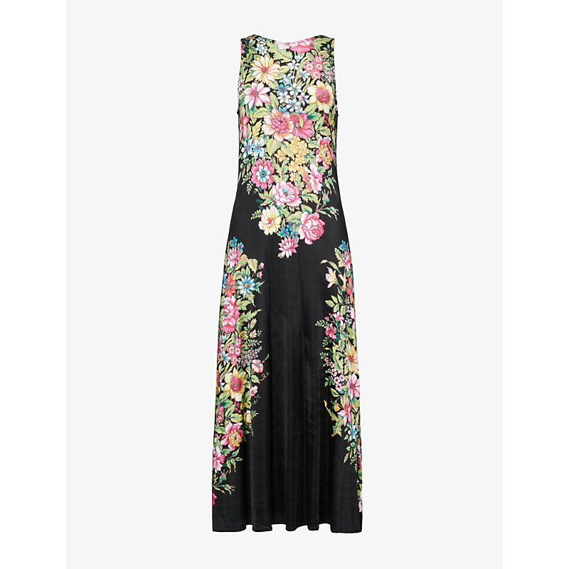 Etro Womens Print On Black Base Floral-print Open-back Slim-fit Stretch-mesh Maxi Dress