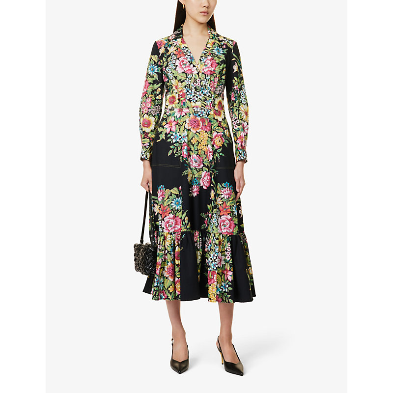 Shop Etro Women's Print On Black Base Floral-pattern Gathered-hem Cotton Maxi Dress