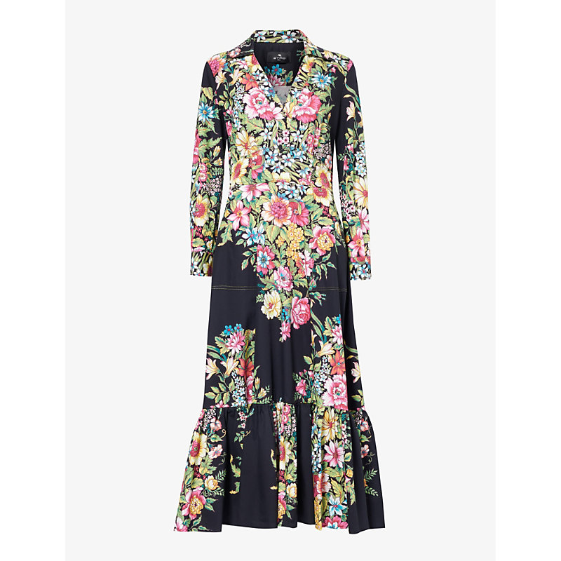 Shop Etro Women's Print On Black Base Floral-pattern Gathered-hem Cotton Maxi Dress