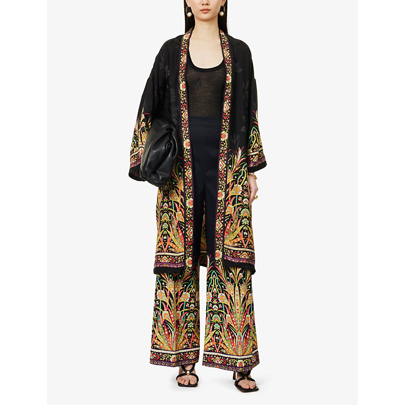 Shop Etro Womens Print On Black Base Patterned Centre-crease Wide-leg High-rise Stretch-cotton Trousers