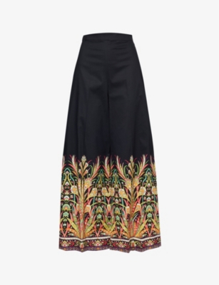 Shop Etro Women's Print On Black Base Patterned Centre-crease Wide-leg High-rise Stretch-cotton Trousers