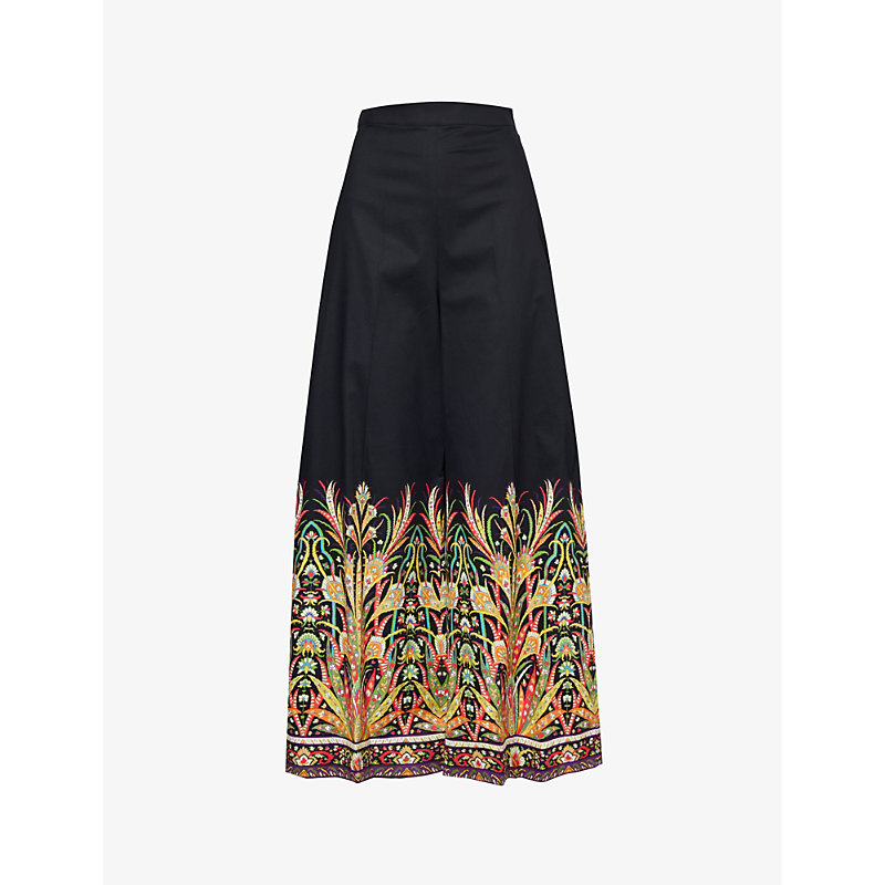 Shop Etro Patterned Centre-crease Wide-leg High-rise Stretch-cotton Trousers In Print On Black Base