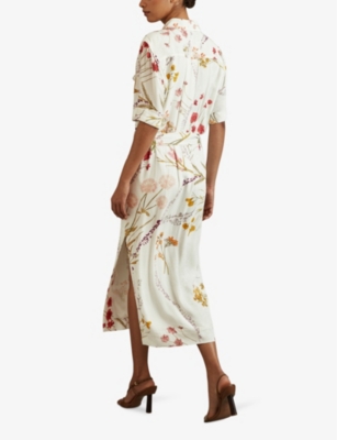 Shop Reiss Women's Ivory/orange Faya Floral-print Belted Woven Midi Dress