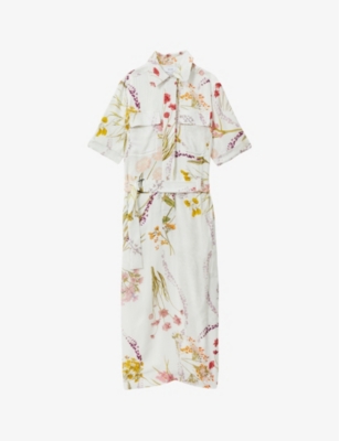 REISS: Faya floral-print belted woven midi dress