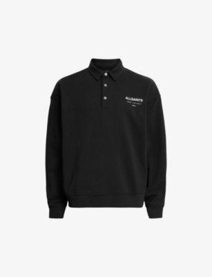 Allsaints Mens Black Underground Logo-print Relaxed-fit Polo Sweatshirt
