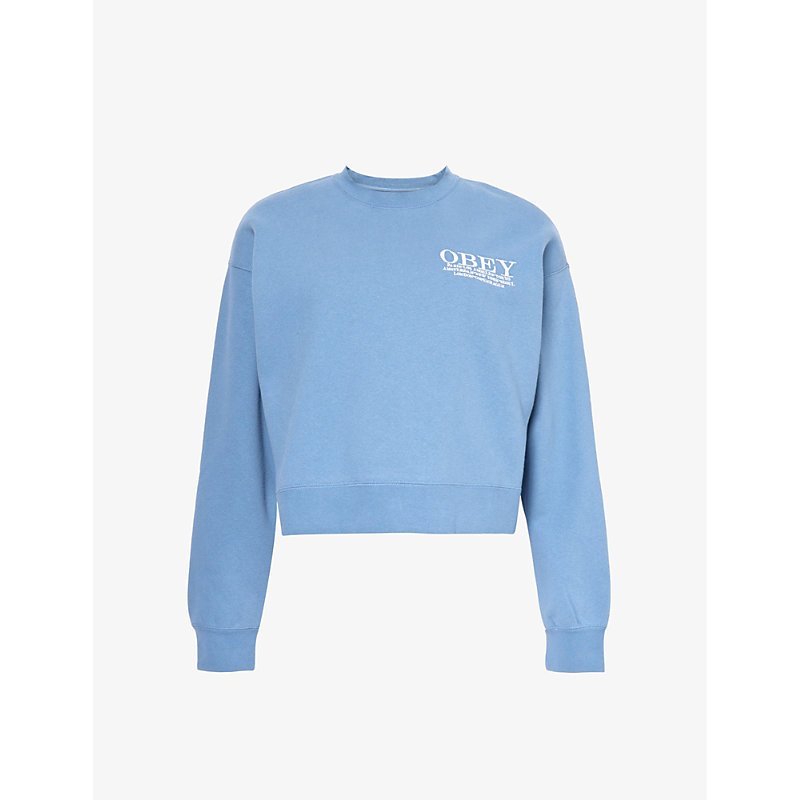 Obey Womens Coronet Blue Cities Logo-embroidered Cotton-blend Sweatshirt