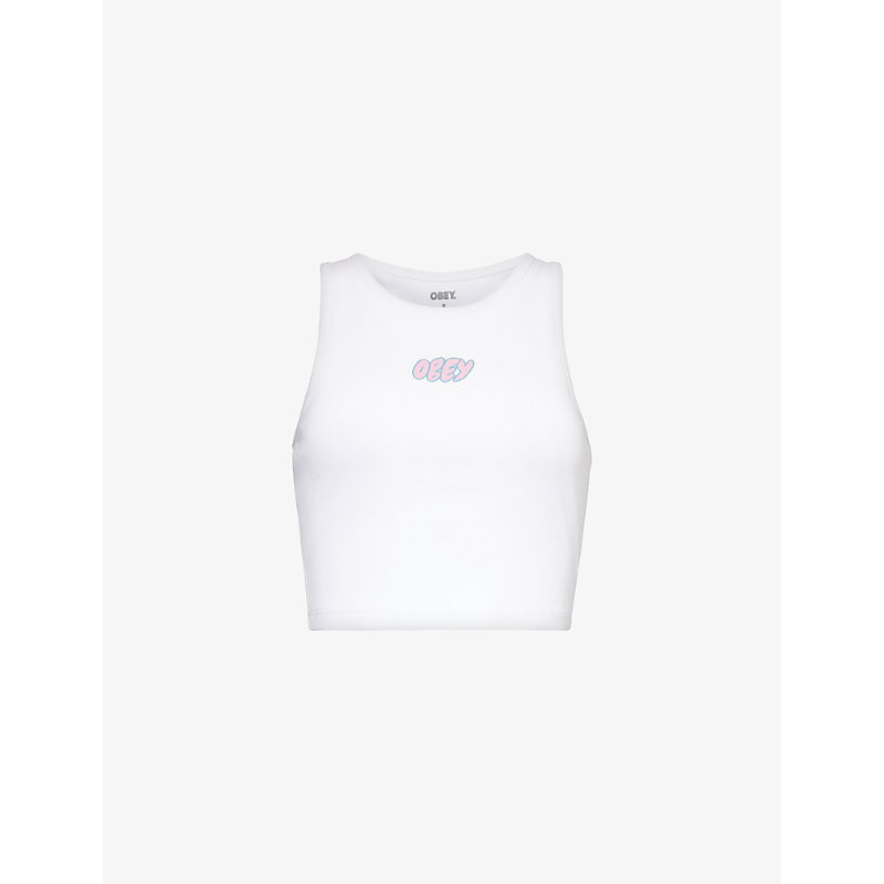 Obey Womens White Bubble Logo-print Cotton-jersey Top