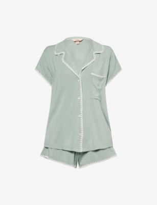 Shop Eberjey Womens Eucalyptus/ivory Frida Contrast-piping Stretch-jersey Pyjamas