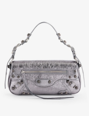 Balenciaga Womens Silver Le Cagole Small Stud-embellished Metallic-leather Shoulder Bag