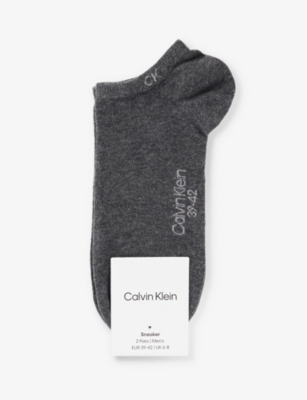 Calvin Klein Mens Dark Grey Melange Ribbed-trim Branded Pack Of Two Cotton-blend Socks
