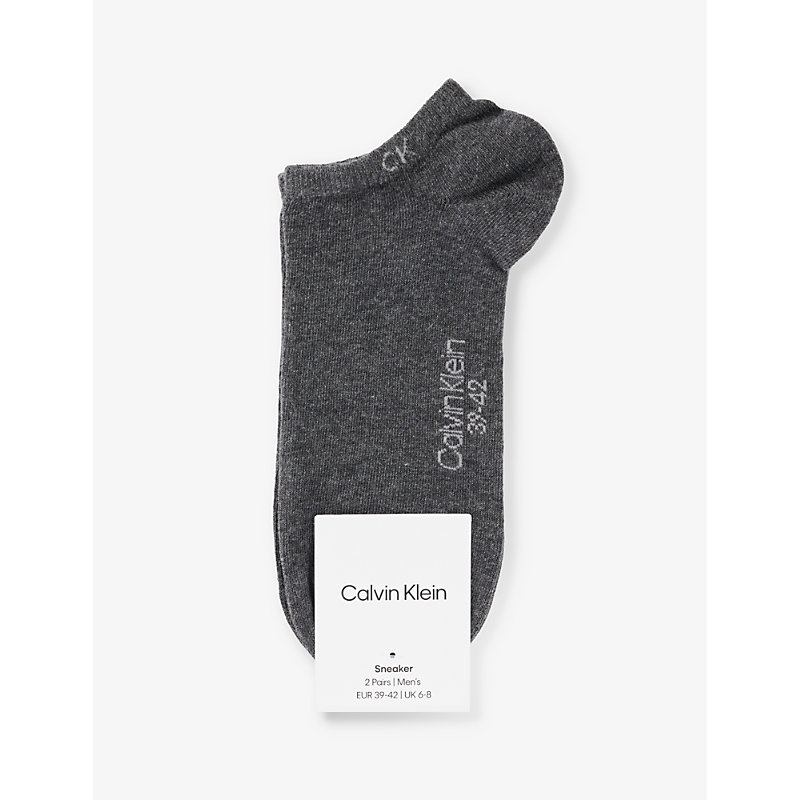 Calvin Klein Mens Dark Grey Melange Ribbed-trim Branded Pack Of Two Cotton-blend Socks