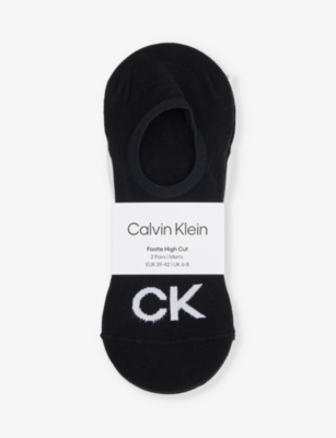 Calvin Klein Mens Black Ribbed-trim Branded Pack Of Two Cotton-blend Socks