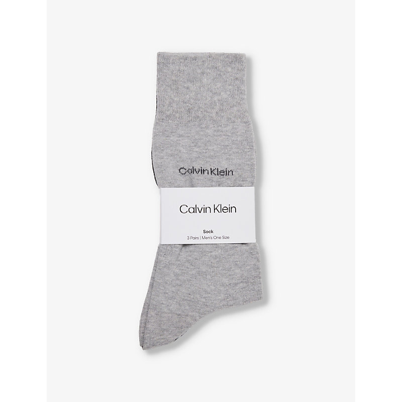 Calvin Klein Mens Grey Combo Branded Mid-calf Pack Of Three Cotton-blend Knitted Socks