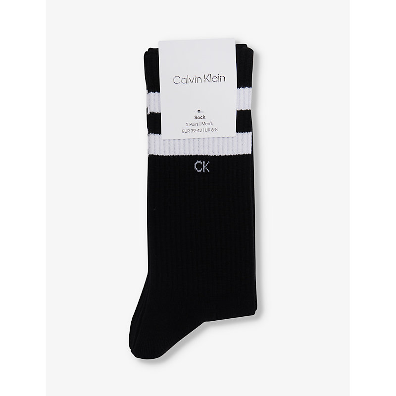 Calvin Klein Mens Black Branded Ribbed-trim Pack Of Two Cotton-blend Socks