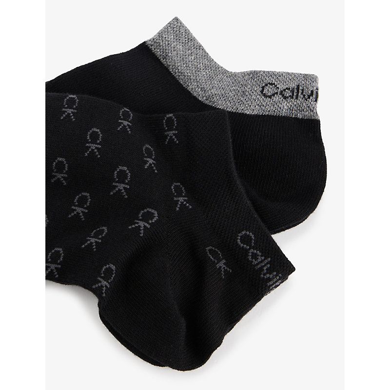 Shop Calvin Klein Ribbed-trim Branded Pack Of Two Cotton-blend Socks In Black