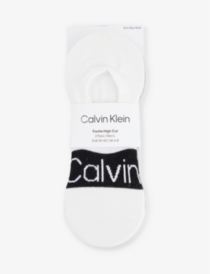 Calvin Klein Mens White Ribbed-trim Branded Pack Of Two Cotton-blend Socks