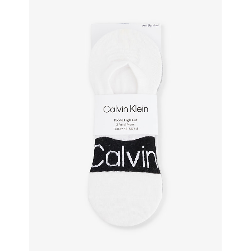 Calvin Klein Mens White Ribbed-trim Branded Pack Of Two Cotton-blend Socks