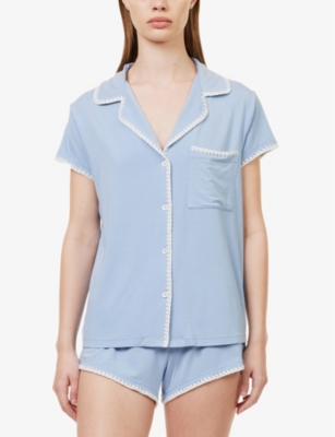 Shop Eberjey Womens Wedgewood Blue/ivory Frida Whip Embroidered-trim Stretch-jersey Pyjama Set