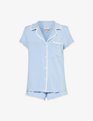 Shop Eberjey Women's Wedgewood Blue/ivory Frida Whip Embroidered-trim Stretch-jersey Pyjama Set