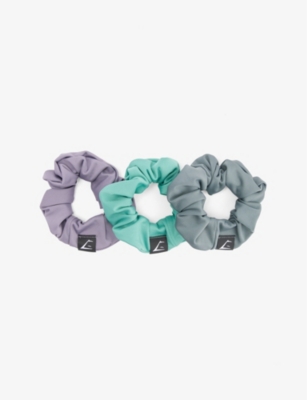 Gymshark Brand-tab Stretch Recycled-polyester Scrunchies Pack Of Three In Fg Prpl/crgo Tl/lagn Grn