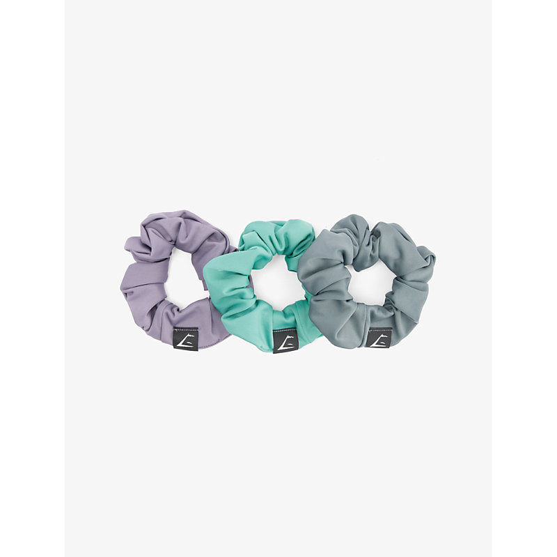 Gymshark Brand-tab Stretch Recycled-polyester Scrunchies Pack Of Three In Fg Prpl/crgo Tl/lagn Grn