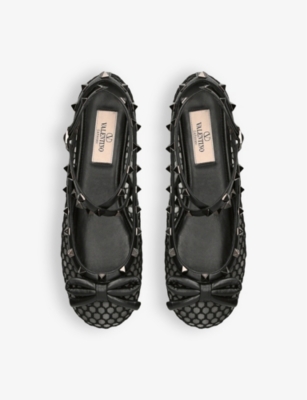 Shop Valentino Garavani Women's Black Rockstud Bow-embellished Mesh Ballet Flats