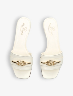 Shop Valentino Garavani Women's White Moon Logo-plaque Leather Sliders