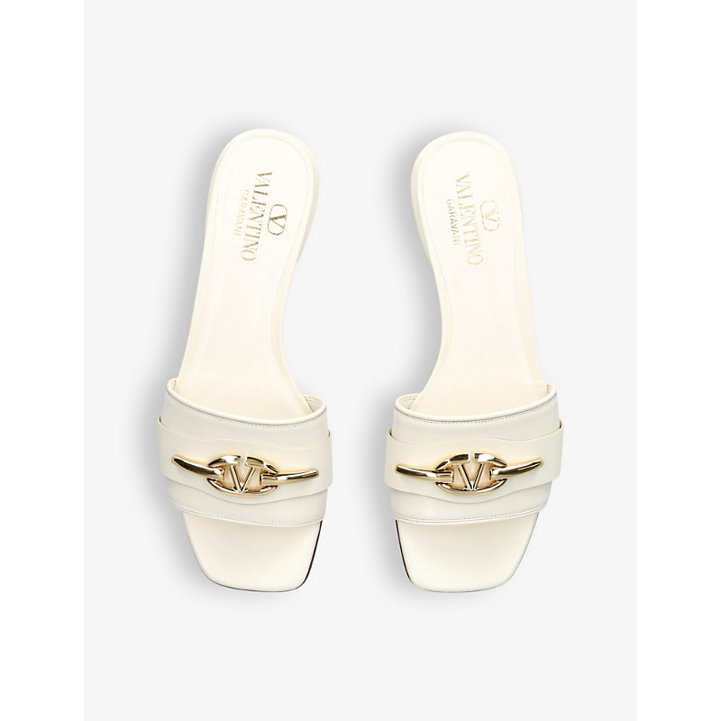 Shop Valentino Moon Logo-plaque Leather Sliders In White