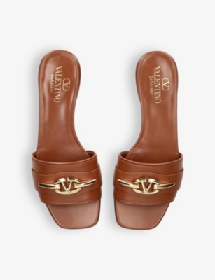 Valentino Garavani Womens Mid Brown Moon Logo-plaque Leather Sliders In Mid Brown