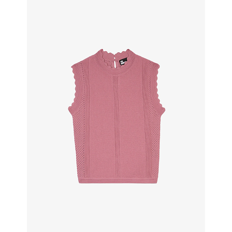 Shop The Kooples Womens Pink Wood Openwork Scalloped-trim Knitted Top