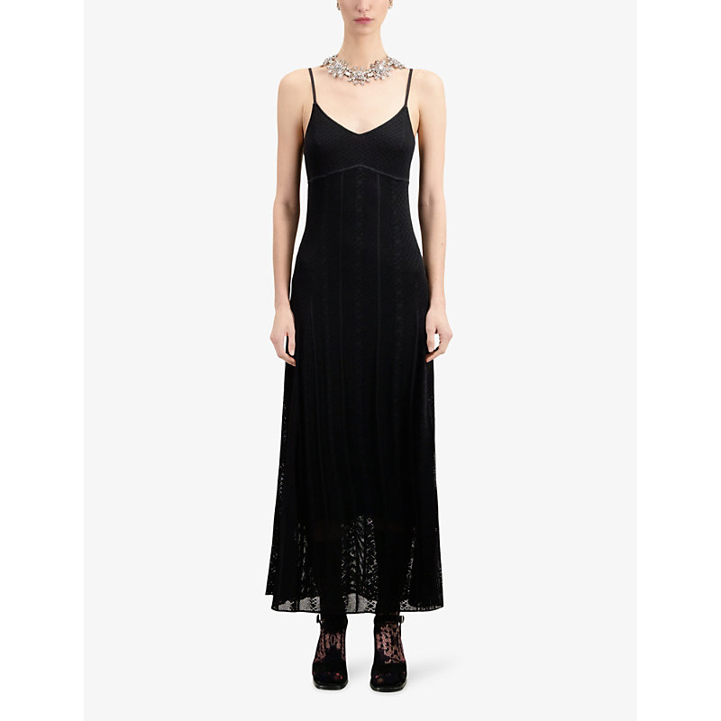 Shop The Kooples Women's Black Open-weave Knitted Midi Dress