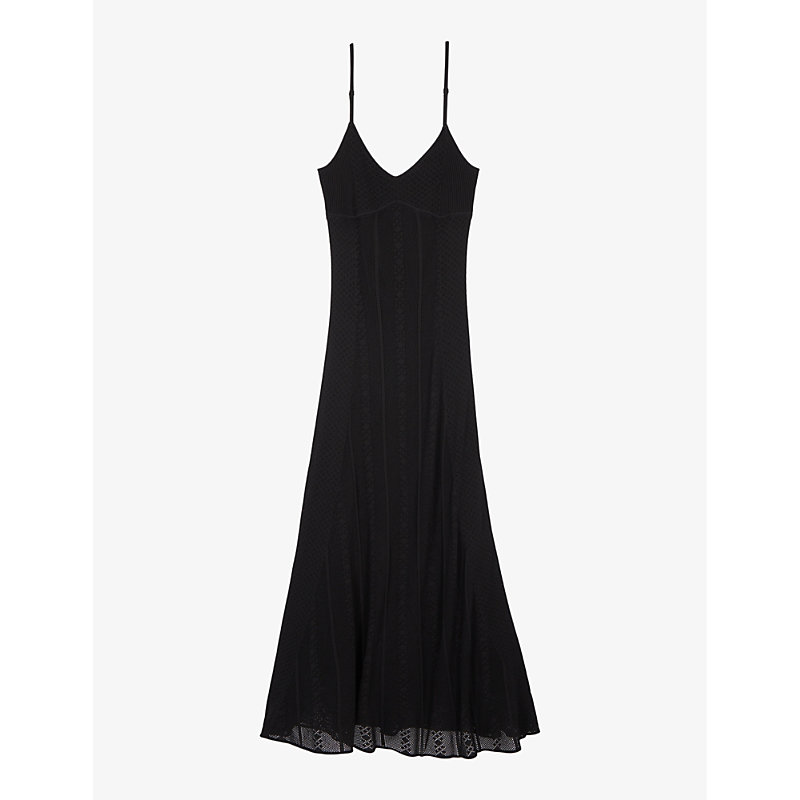 Shop The Kooples Womens Black Open-weave Knitted Midi Dress