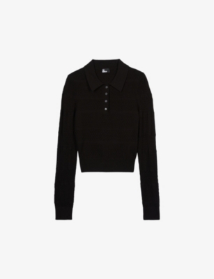 Shop The Kooples Women's Black Button-neck Slim-fit Knitted Polo