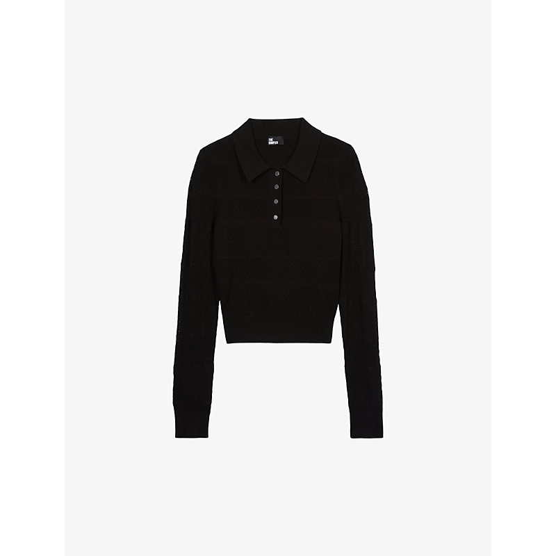 Shop The Kooples Womens Black Button-neck Slim-fit Knitted Polo