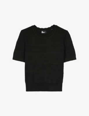 The Kooples Scalloped-trim Slim-fit Cropped Knitted Jumper In Black