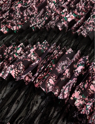 Shop The Kooples Women's Black / Pink Graphic-print Asymmetric-hem Woven Midi Skirt