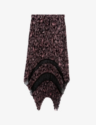 Shop The Kooples Women's Black / Pink Graphic-print Asymmetric-hem Woven Midi Skirt