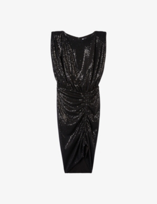 Shop The Kooples Women's Black Sequin-embellished Fitted-waist Stretch-woven Mini Dress